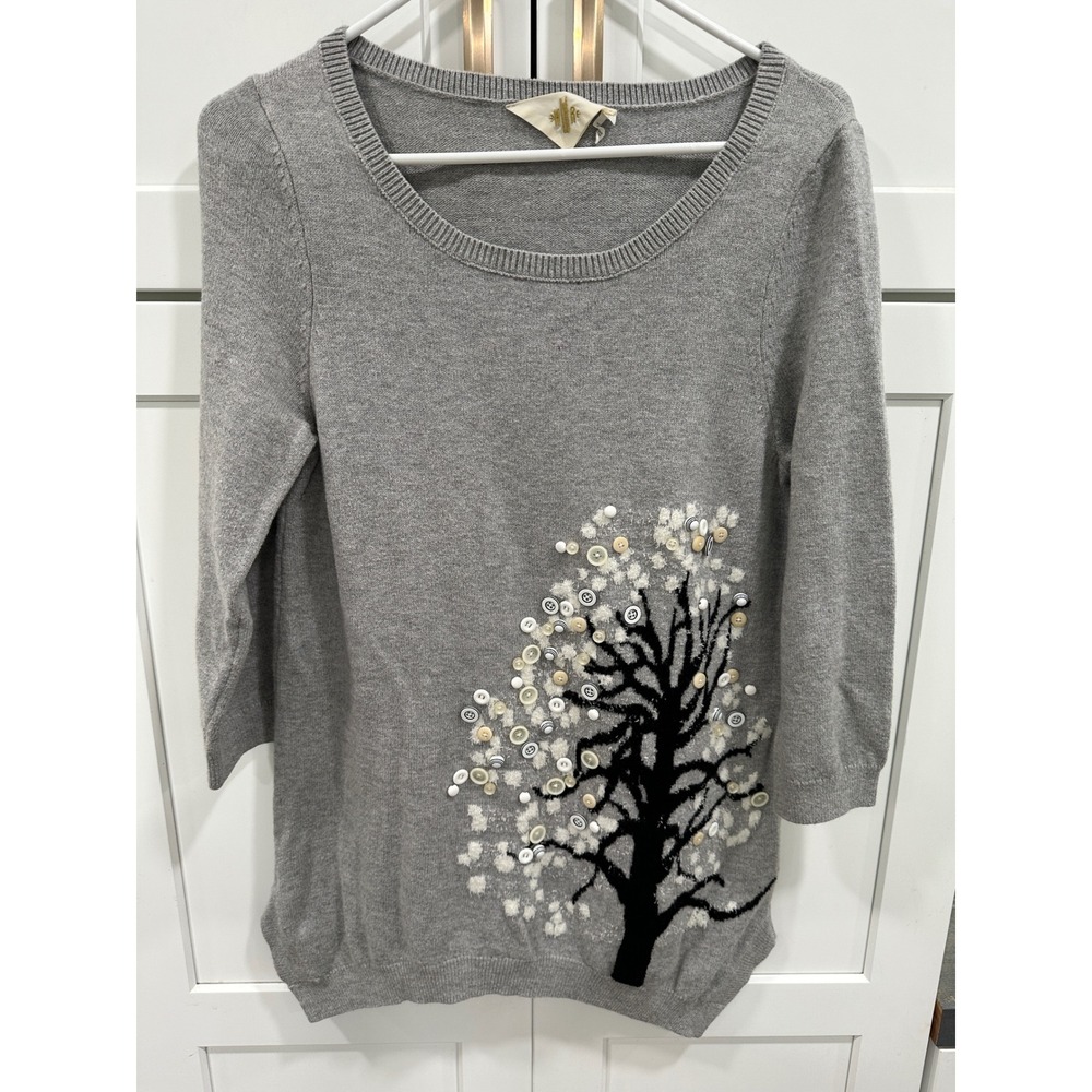 Anthropologie Embellished Tree Sweater Knit Pullover‎ Casual Gray Top Size Small